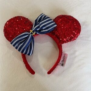 Disney cruise line Red Sequin Minnie Ears with Striped Bow